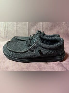 Hey Dude Wally Sox Micro Lace Up Loafers Men’s Sz 8 Total Black Slip On Summer